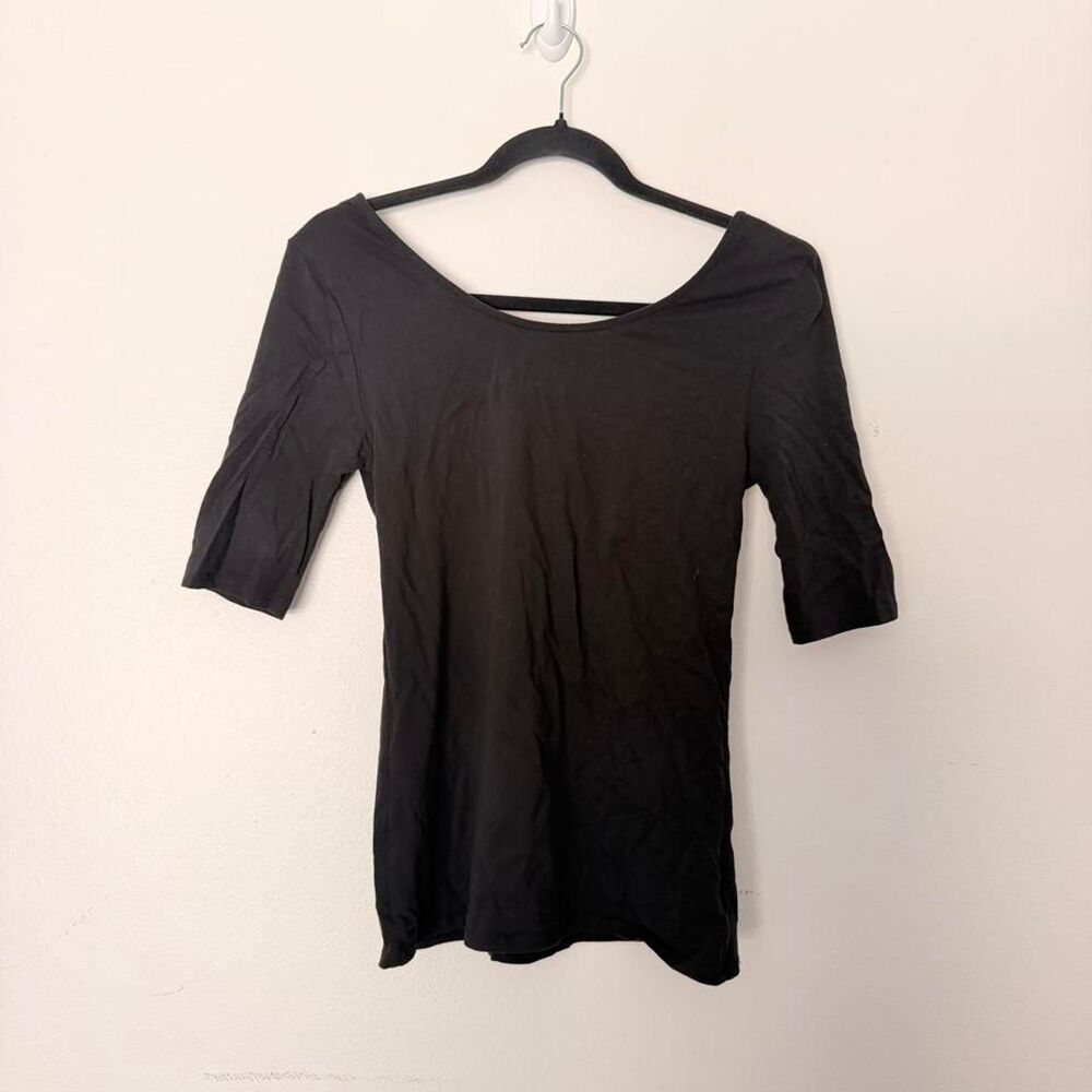 Trendy Cynthia Rowley black scoop back elbow sleeve top, L